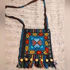 Embroidered boho style ethnic colorful tassel crossbody bag purse